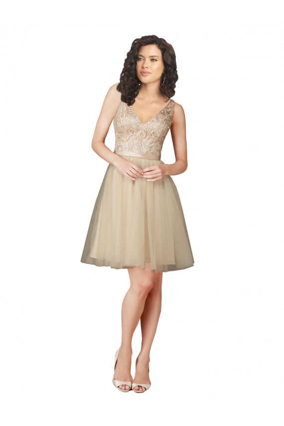 Sleeveless V-Neck Tulle & Lace Champagne Knee Length Bridesmaid Dress Bath