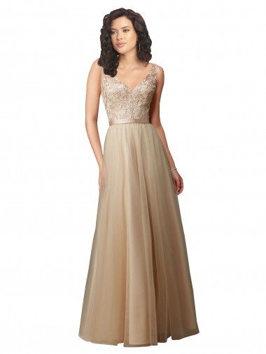 Sleeveless V-Neck Tulle & Lace Champagne Long Bridesmaid Dress Bath