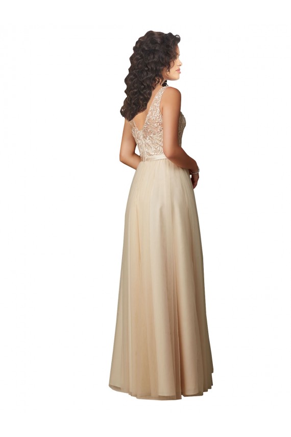 Sleeveless V-Neck Tulle & Lace Champagne Long Bridesmaid Dress Bath
