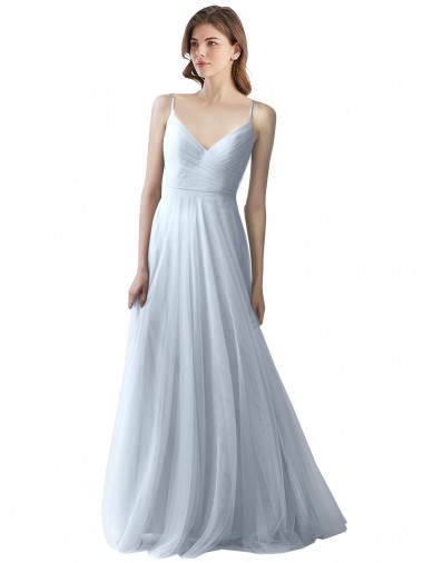 Sleeveless V-Neck Soft Tulle Light Sky Blue Long Bridesmaid Dress Bath
