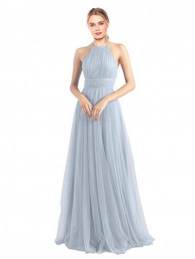 Sleeveless Halter Neck Tulle Light Sky Blue Long Bridesmaid Dress Bath
