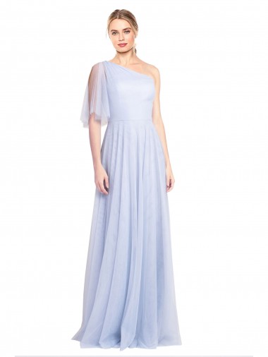 Flutter Sleeves One Shoulder Tulle Light Sky Blue Long Bridesmaid Dress Bath