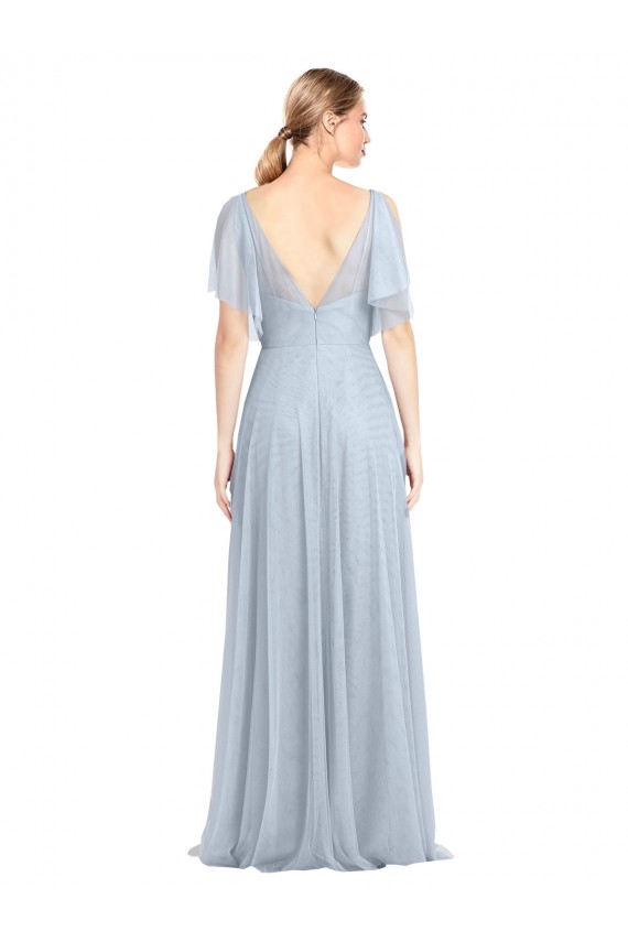 Flutter Sleeves V-Neck Tulle Light Sky Blue Long Bridesmaid Dress / Evening Dress Bath