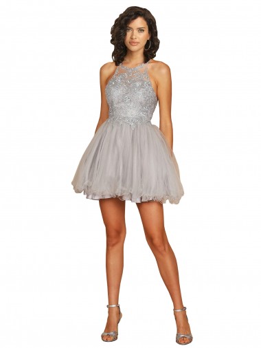 Sleeveless Halter Neck Tulle Silver Short Bridesmaid Dress Bath