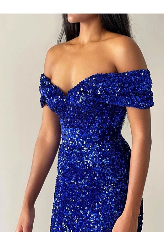 Sleeveless Off the Shoulder Velvet Sequin Royal Blue Sweep Train Prom Dresses Bath