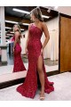 Sleeveless One Shoulder Velvet Sequin Burgundy Sweep Train Evening Dress Bath