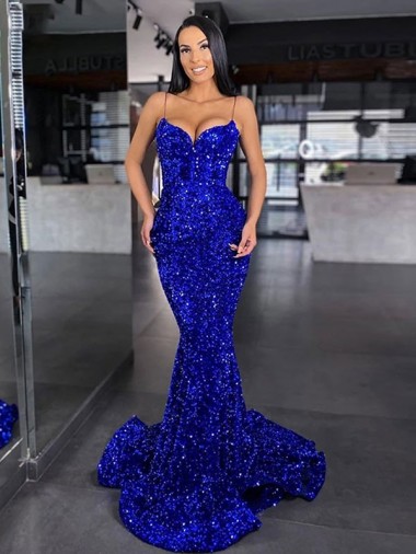 Sleeveless Spaghetti Straps Velvet Sequin Royal Blue Mermaid Sweep Train Evening Gown / Prom Dress Bath
