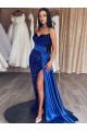Sleeveless Sweetheart Velvet Sequin Royal Blue Sweep Train Prom Dresses Bath