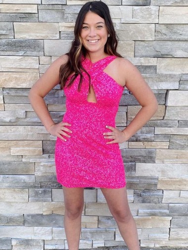 Sleeveless Halter Neck Velvet Sequin Fuchsia Short Homecoming Dress Bath