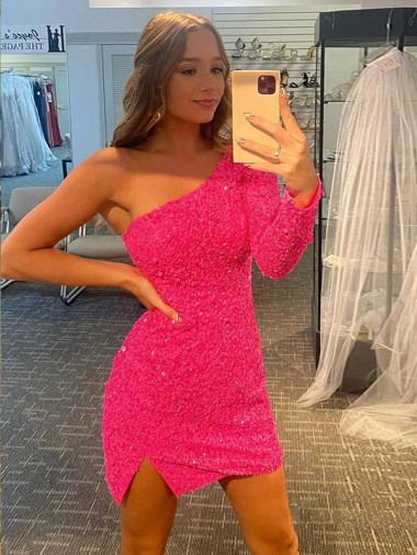Long Sleeves One Shoulder Velvet Sequin Shown Color Short Prom Dress / Evening Dress Bath