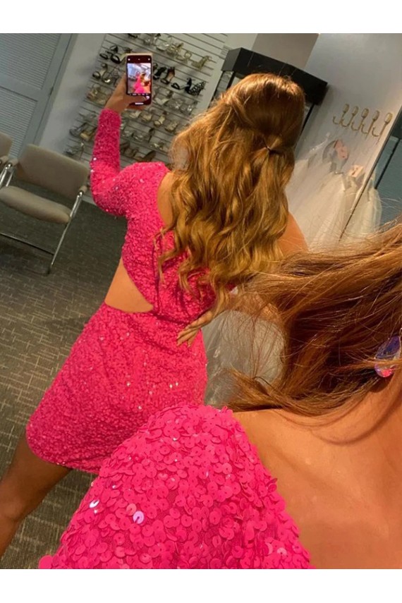 Long Sleeves One Shoulder Velvet Sequin Shown Color Short Evening Gowns Bath