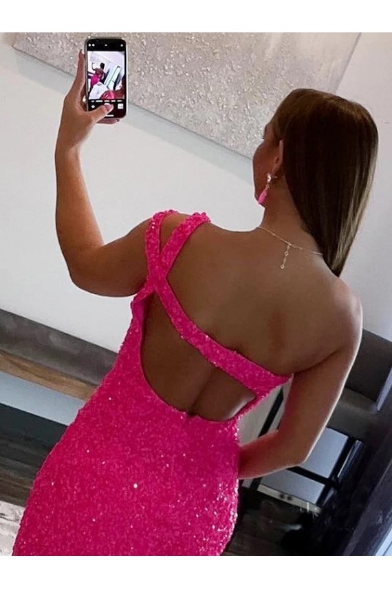 Sleeveless One Shoulder Velvet Sequin Fuchsia Short Prom Dresses Bath