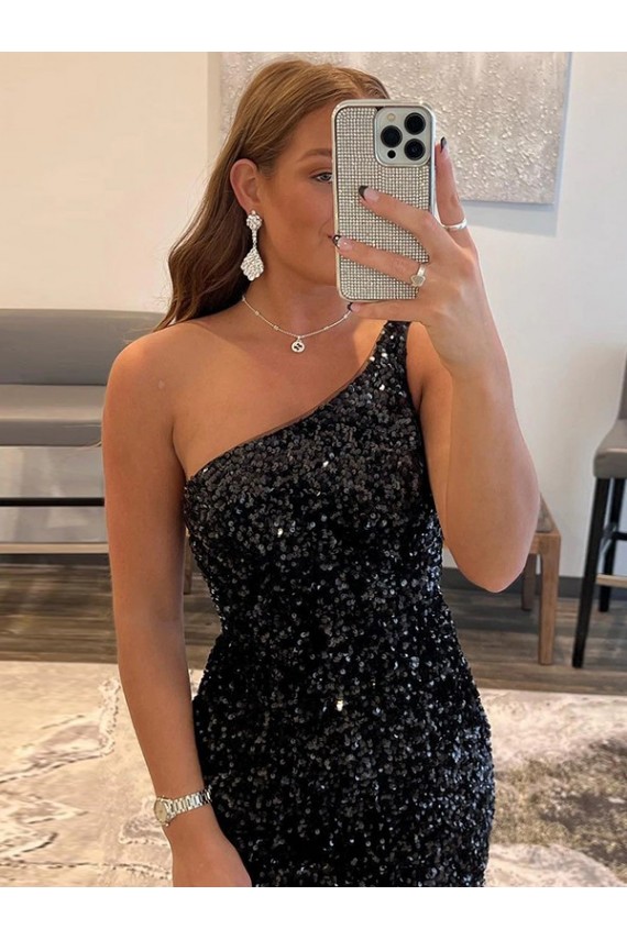 Sleeveless One Shoulder Velvet Sequin Black Short Prom Dress / Evening Gown Bath