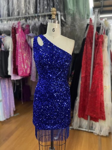 Sleeveless One Shoulder Velvet Sequins Royal Blue Short Homecoming Dress Bath