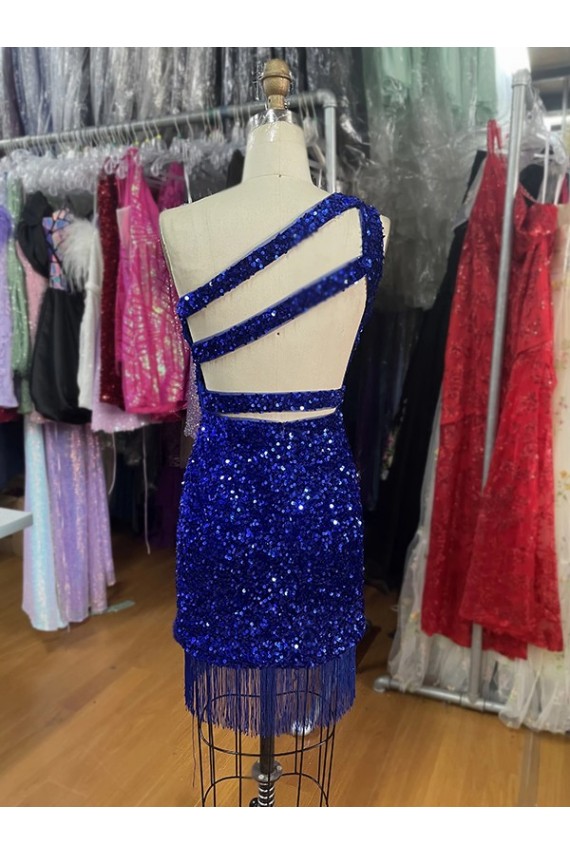 Sleeveless One Shoulder Velvet Sequins Royal Blue Short Homecoming Dress Bath