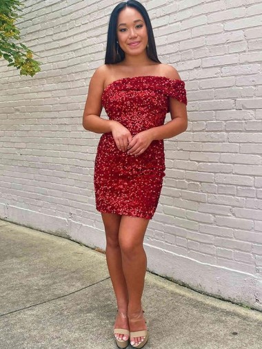 Sleeveless One Shoulder Velvet Sequin Burgundy Short Prom Dress Bath