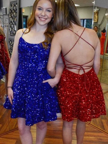 Sleeveless Spaghetti Straps Velvet Sequin Royal Blue A-Line Short Prom Dress Bath