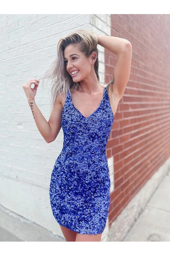 Sleeveless V-Neck Velvet Sequin Shown Color Short Evening Dress Bath