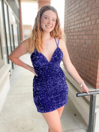 Sleeveless V-Neck Velvet Sequin Shown Color Short Cocktail Dress / Prom Dress Bath