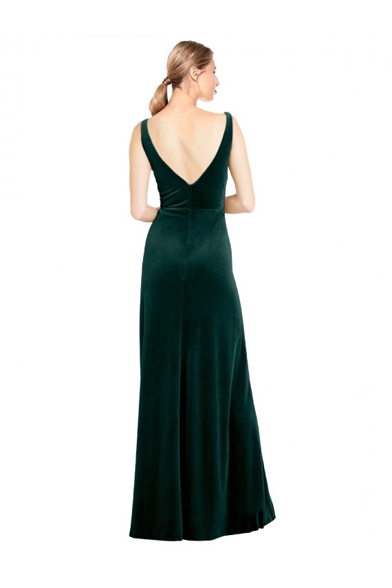 Sleeveless V-Neck Stretch Velvet Dark Green Long Black Tie Evening Dress / Prom Dress / Bridesmaid Dress Bath
