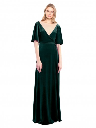 Flutter Sleeves V-Neck Stretch Velvet Dark Green Long Prom Dress / Bridesmaid Dress Bath