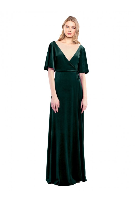 Flutter Sleeves V-Neck Stretch Velvet Dark Green Long Prom Dress / Bridesmaid Dress Bath