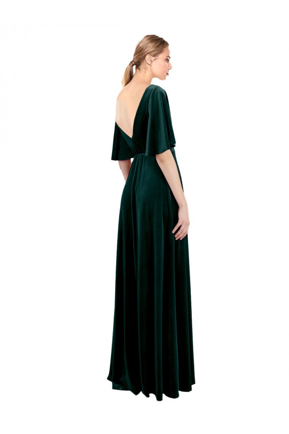 Flutter Sleeves V-Neck Stretch Velvet Dark Green Long Prom Dress / Bridesmaid Dress Bath