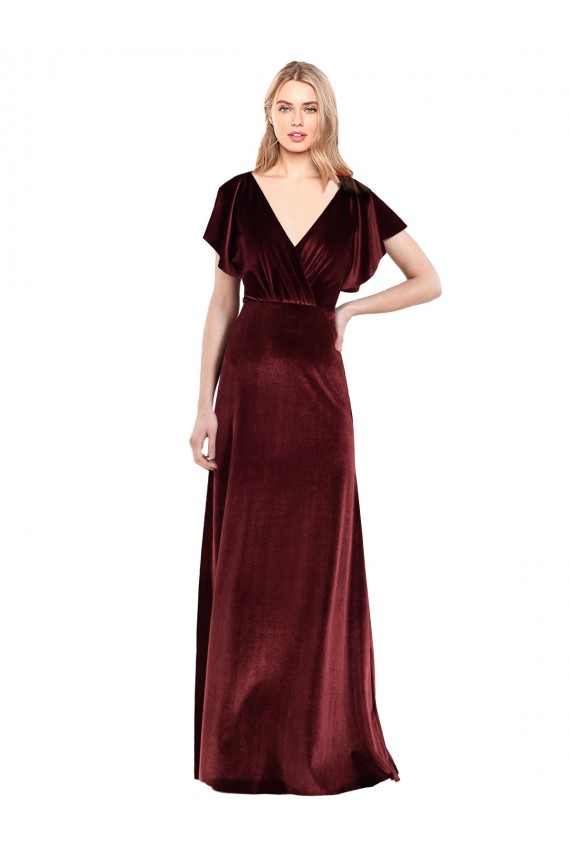 Flutter Sleeves V-Neck Stretch Velvet Burgundy Long Prom Dress / Bridesmaid Dress Bath
