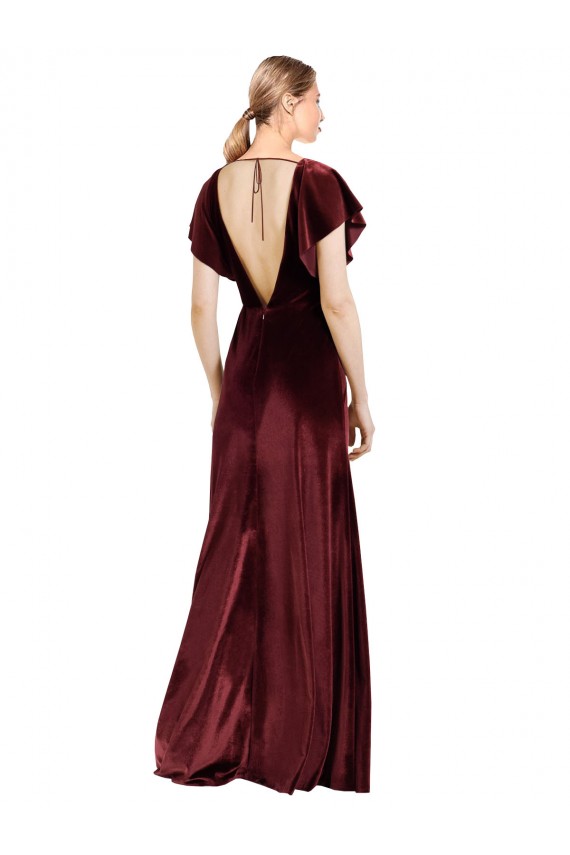 Flutter Sleeves V-Neck Stretch Velvet Burgundy Long Prom Dress / Bridesmaid Dress Bath