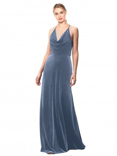 Sleeveless Cowl Neck Stretch Velvet Dusty Blue Long Prom Dress / Bridesmaid Dress Bath