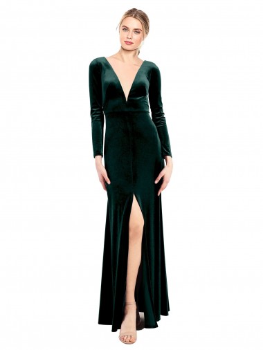 Long Sleeves V-Neck Stretch Velvet Dark Green Long Black Tie Prom Dress / Bridesmaid Dress Bath