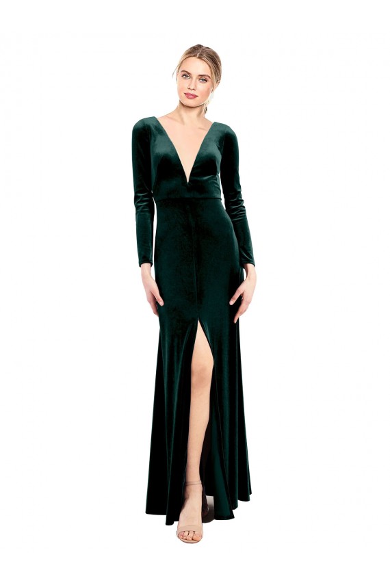 Long Sleeves V-Neck Stretch Velvet Dark Green Long Black Tie Prom Dress / Bridesmaid Dress Bath