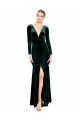 Long Sleeves V-Neck Stretch Velvet Dark Green Long Black Tie Prom Dress / Bridesmaid Dress Bath