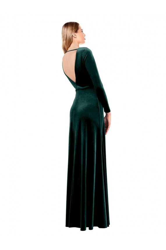 Long Sleeves V-Neck Stretch Velvet Dark Green Long Black Tie Prom Dress / Bridesmaid Dress Bath