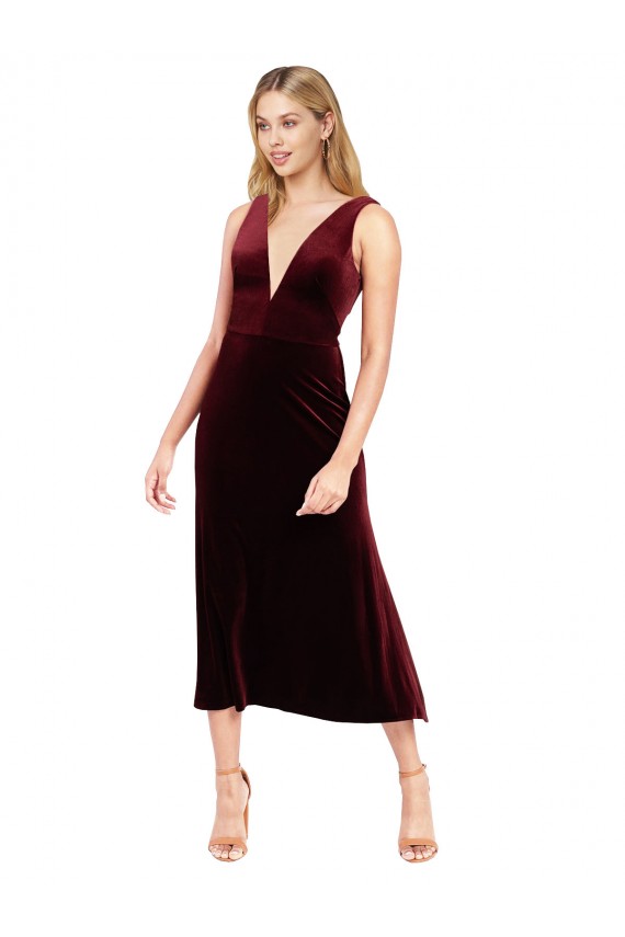 Sleeveless V-Neck Stretch Velvet Burgundy Midi Length Prom Dress / Bridesmaid Dress Bath