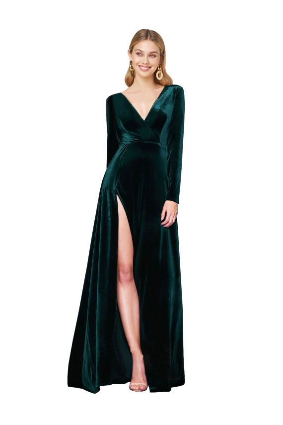 Long Sleeves V-Neck Stretch Velvet Dark Green Sweep Train Black Tie Evening Gown / Prom Dress / Bridesmaid Dress Bath