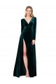Long Sleeves V-Neck Stretch Velvet Dark Green Sweep Train Black Tie Evening Gown / Prom Dress / Bridesmaid Dress Bath