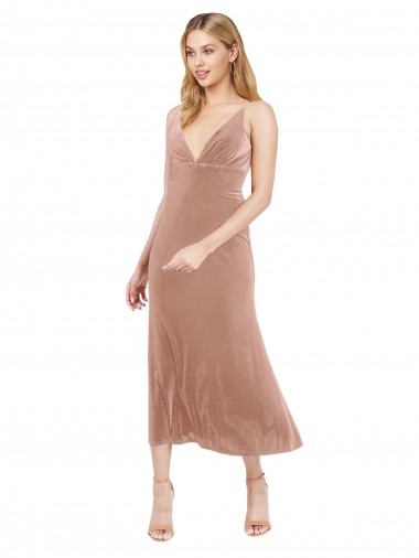 Sleeveless V-Neck Stretch Velvet Pink Midi Length Prom Dress / Bridesmaid Dress Bath