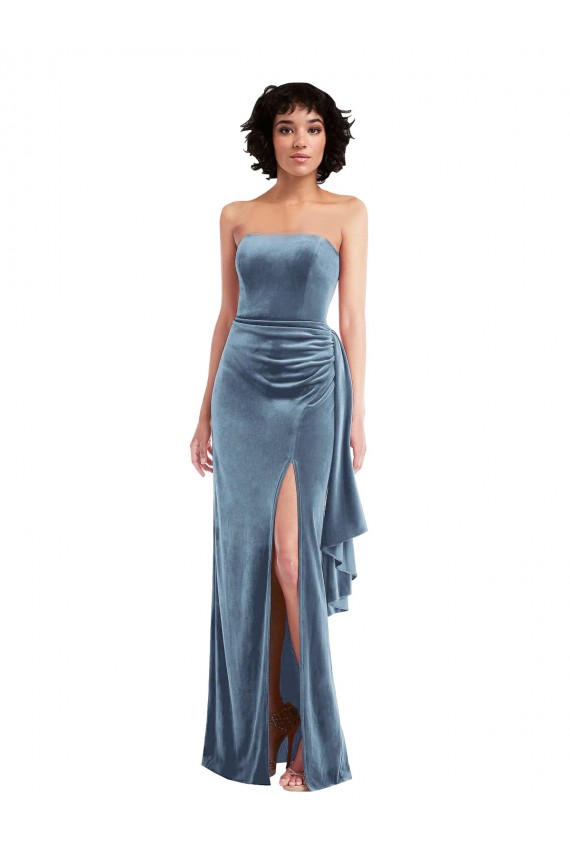 Sleeveless Strapless Stretch Velvet Dusty Blue Long Formal Evening Gown / Prom Dress / Bridesmaid Dress Bath