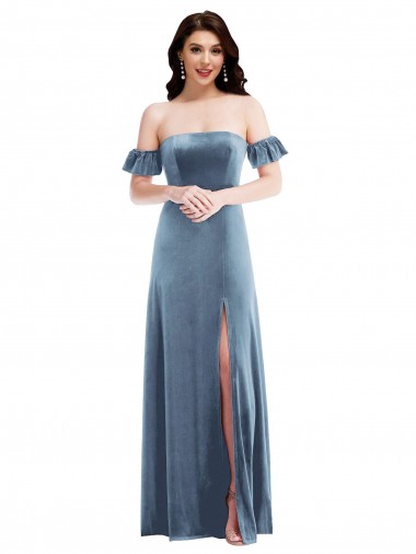 Ruffle Sleeves Off the Shoulder Stretch Velvet Dusty Blue Long Formal Dress / Bridesmaid Dress Bath