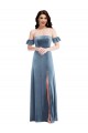 Ruffle Sleeves Off the Shoulder Stretch Velvet Dusty Blue Long Formal Dress / Bridesmaid Dress Bath