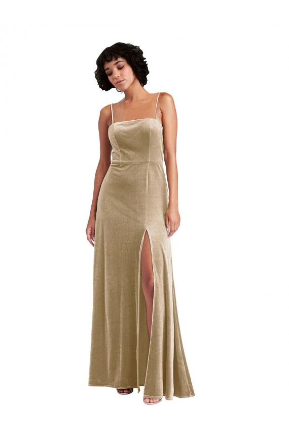 Sleeveless Square Neck Stretch Velvet Champagne Long Formal Evening Gown / Prom Dress / Bridesmaid Dress Bath