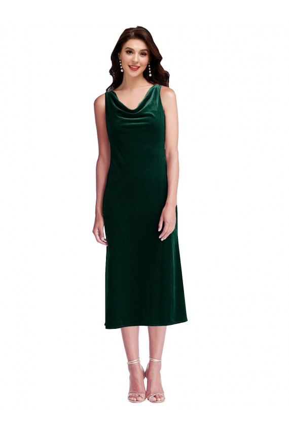 Sleeveless Cowl Neck Stretch Velvet Dark Green Midi Length Evening Gown / Prom Dress / Bridesmaid Dress Bath