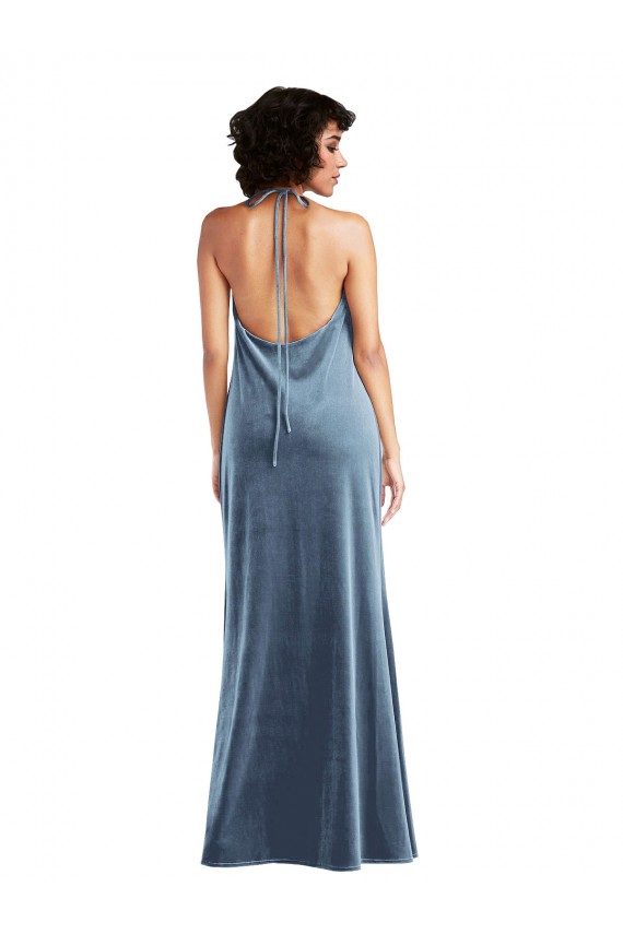 Sleeveless Cowl Neck Stretch Velvet Dusty Blue Long Bridesmaid Dress / Evening Dress Bath