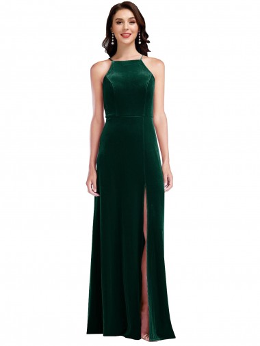 Sleeveless High Neck Stretch Velvet Dark Green Long Semi Formal Evening Dress / Prom Dress / Bridesmaid Dress Bath