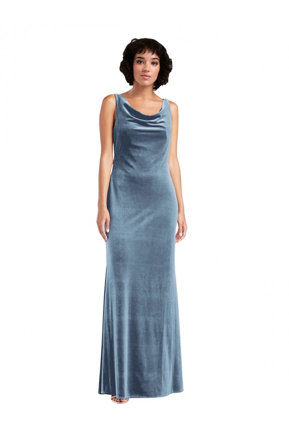 Sleeveless Cowl Neck Stretch Velvet Dusty Blue Long Evening Dress / Bridesmaid Dress Bath