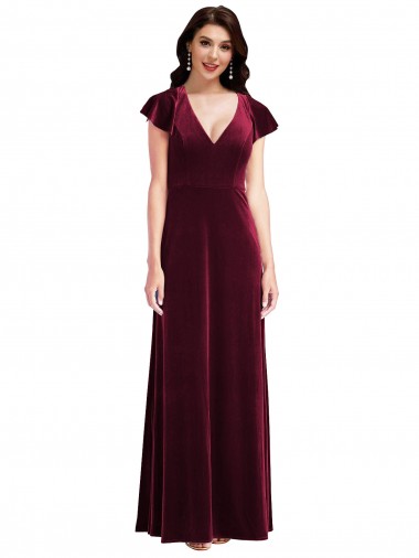 Flutter Sleeves V-Neck Stretch Velvet Burgundy Long Semi Formal Evening Dress / Prom Dress / Bridesmaid Dress Bath