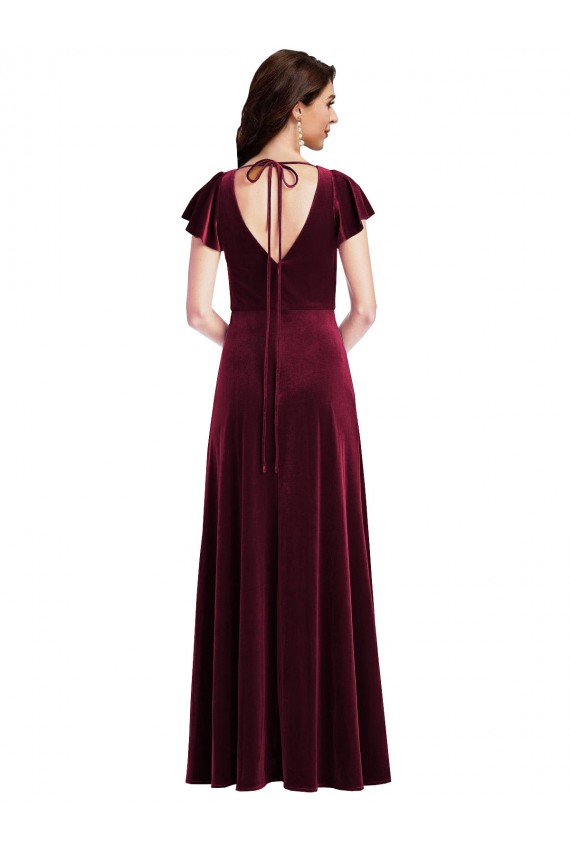 Flutter Sleeves V-Neck Stretch Velvet Burgundy Long Semi Formal Evening Dress / Prom Dress / Bridesmaid Dress Bath