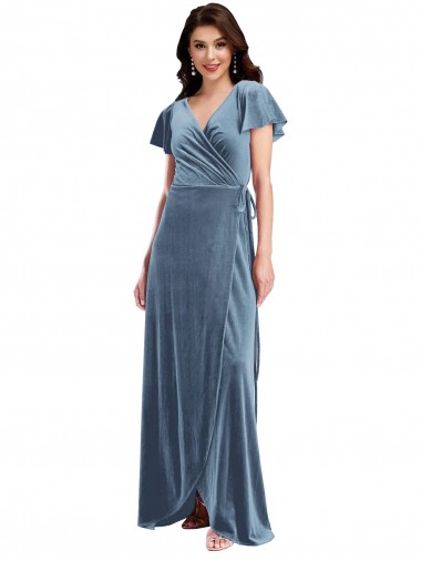 Flutter Sleeves V-Neck Stretch Velvet Dusty Blue Long Black Tie Evening Gown / Prom Dress / Bridesmaid Dress Bath