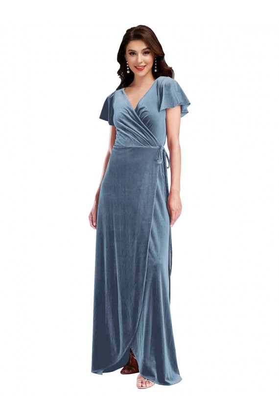 Flutter Sleeves V-Neck Stretch Velvet Dusty Blue Long Black Tie Evening Gown / Prom Dress / Bridesmaid Dress Bath